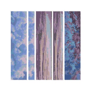 May include: Five vertical beaded panels with abstract designs. The panels feature a mix of colors, including blues, purples, and pinks. The patterns vary, with some panels showing a cloud-like effect and others displaying vertical stripes.