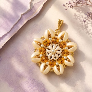 Beaded Pendant Pattern SuperDuo Chilli Beads Flower Beadwork Tutorial Bicone Pearl Jewelry Step by Step Instructions PDF Delicate Flower