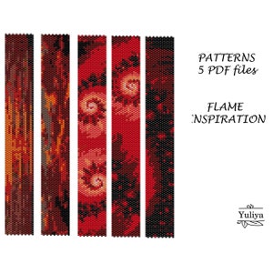 Even Count Peyote Bracelet Pattern Bundle 5 Abstract Wide Cuff Designs Red Black Word Chart Bead Graph Digital PDF Jewelry Set Modern Flame