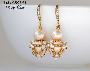 Beading Tutorial Small Earrings Pattern Cotton Pearls Bugle Beads Step-by-Step Jewelry Instructions Handmade Bead Design Guide Nellie PDF