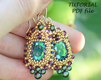 Beaded earring tutorial, Beading pattern, Peyote earring tutorial, Earrings tutorial, Swarovski Cushion 4568, Bead pattern earrings Egypt