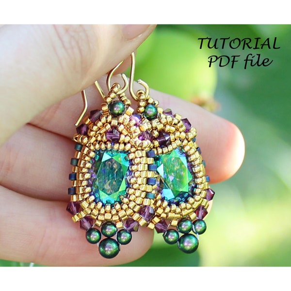 Beaded earring tutorial, Beading pattern, Peyote earring tutorial, Earrings tutorial, Swarovski Cushion 4568, Bead pattern earrings Egypt