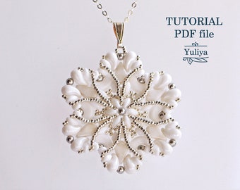 Beaded pendant tutorial snowflake, SuperDuo bead pattern; New year, Christmas bead pattern; Jewelry tutorial, Beading tutorial pendant Maria