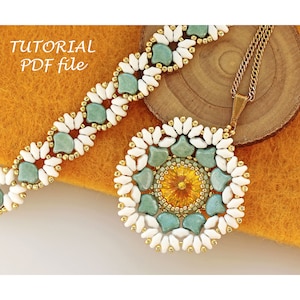 Perlen Anleitung SuperDuo Rivoli Perlen Muster DIY Webanleitung Armband Anhänger Design PDF Flora