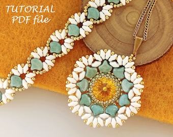Samouczek na koraliki Biżuteria SuperDuo Rivoli Bead Pattern DIY Instrukcje tkania Bransoletka Wisiorek Projekt Przewodnik Krok po Kroku PDF Flora