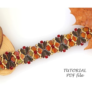 May include: A beaded bracelet with a geometric pattern in shades of brown, gold, and red. The bracelet is made with seed beads and features a leaf design. The image includes the text "TUTORIAL PDF file".