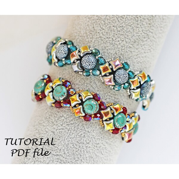 Beading tutorial and pattern, Bracelet tutorial ~Candy 8mm, WibeDuo, Fire Polished~ Two hole bead pattern, Czech beads pattern bracelet Kari