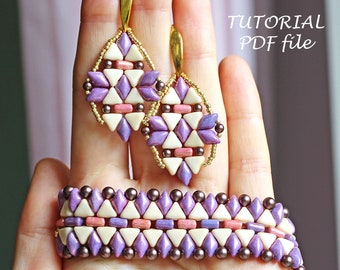 Tutorial de conjunto de joyería de cuentas, aretes, patrón de pulsera, cuentas Kheops Puca Rulla, instrucciones de bricolaje, guía de diseño de abalorios, PDF étnico