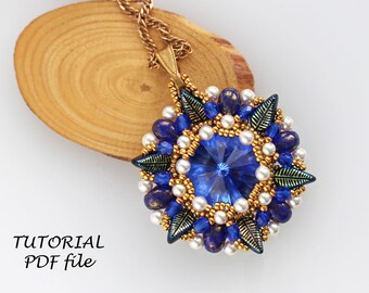 Beaded Pendant Pattern Beadwork Tutorial Using Swarovski Rivoli 18mm Kite Samos Beads Jewelry Design DIY Step-by-Step Instructions Riviera