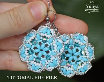 Beaded Earrings Tutorial SuperDuo Bead Pattern for Seed Bead Flower Earrings DIY Jewelry Making Blue Floral Beading Instruction PDF