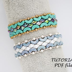 May include: Two beaded bracelets, one turquoise and gold, the other white and silver, on a gray display stand. The text "TUTORIAL PDF file" is below the bracelets.