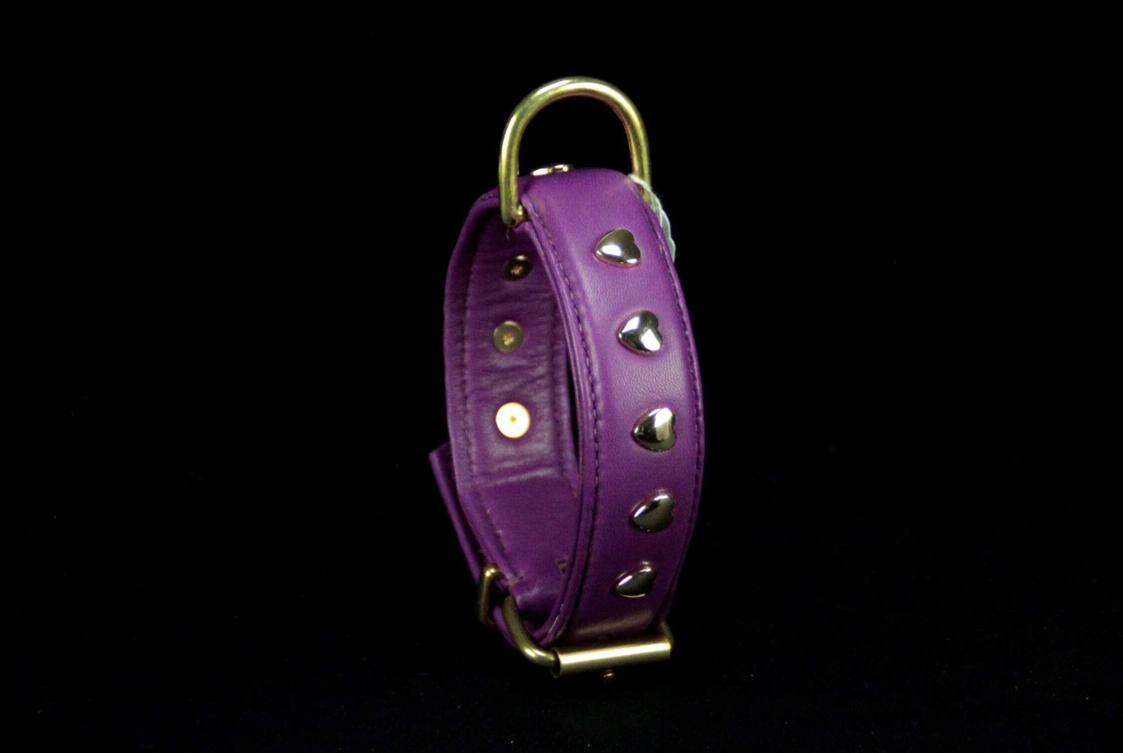 Collier Pour Chien en Agneau Violet , Décors Cœurs Dorés