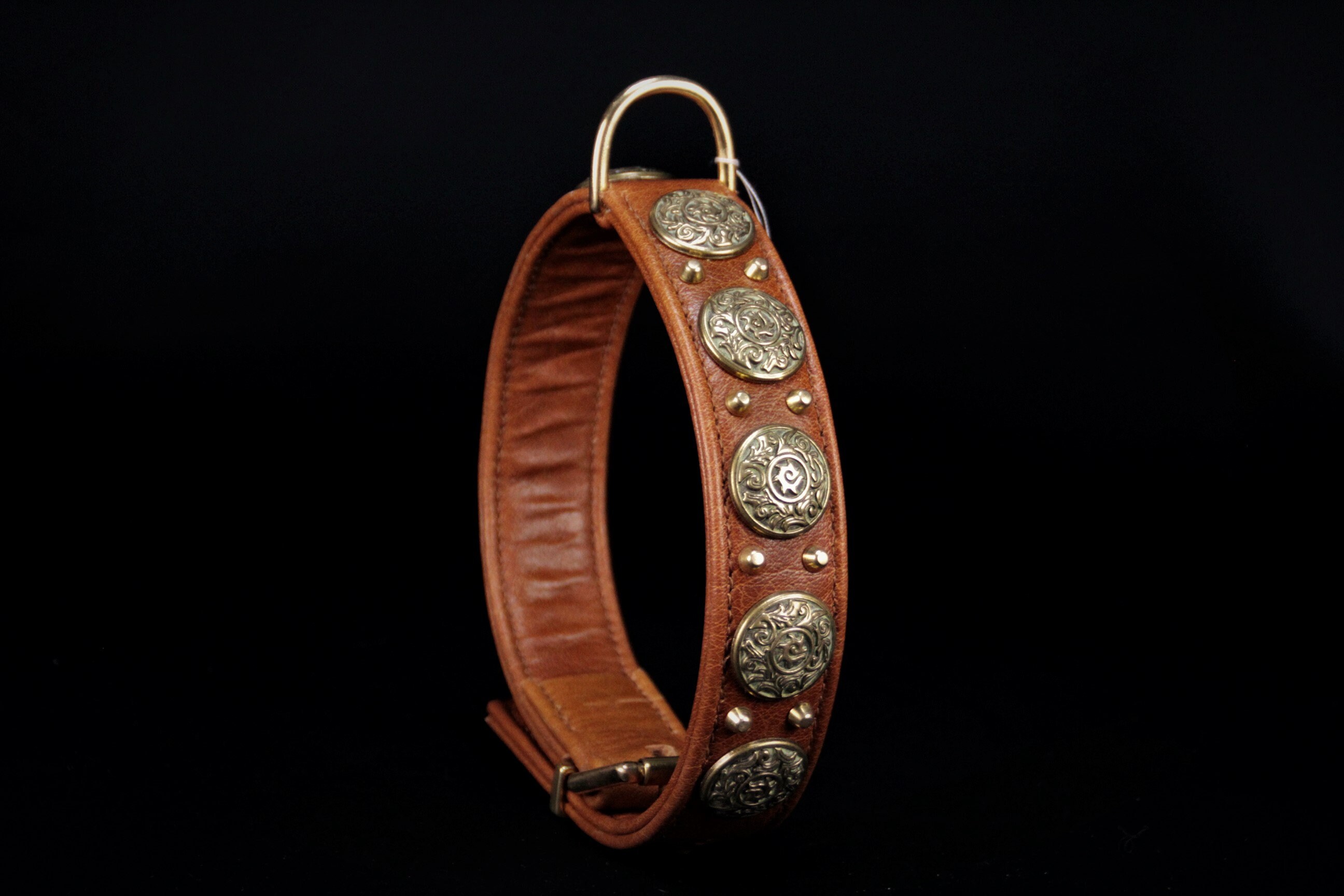 Collier Pour Chien en Cuir Vachette Souple Marron , Décors Laiton, Dog Collar