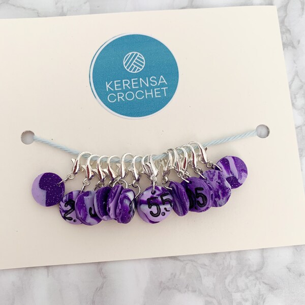 Hook Size Reminder Stitch Markers/Knitting Needle Size Progress Keepers/Polymer Clay Purple Glitter Swirls Handmade Stitch Markers