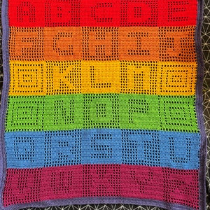 UK terms Alphabet Filet Crochet Baby Blanket Pattern/Abedecari Rainbow Baby Blanket Afghan Crochet Pattern/PDF Download