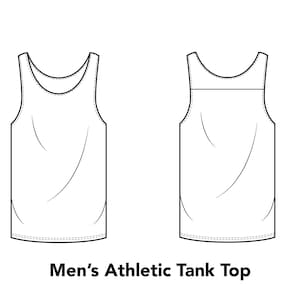 May include: Line drawing illustration of a sleeveless athletic tank top. The tank top has a scoop neck and a straight hem.