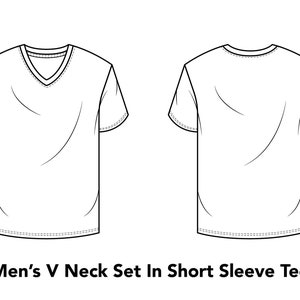 May include: A line drawing of a V-neck short-sleeve t-shirt, shown from the front and back. The t-shirt is plain and has no design.