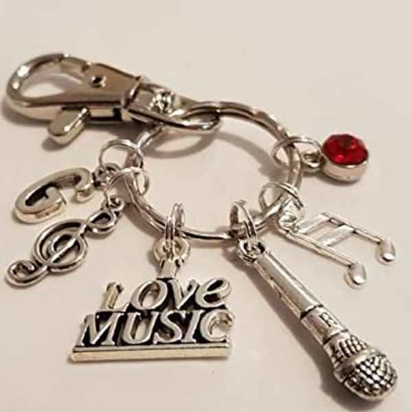 Personalised 'I Love Music' Microphone Keychain with Initial and Birthstone, Singer, MC, DJ Musician, Drummer, Rapper, Rock Star Keyring