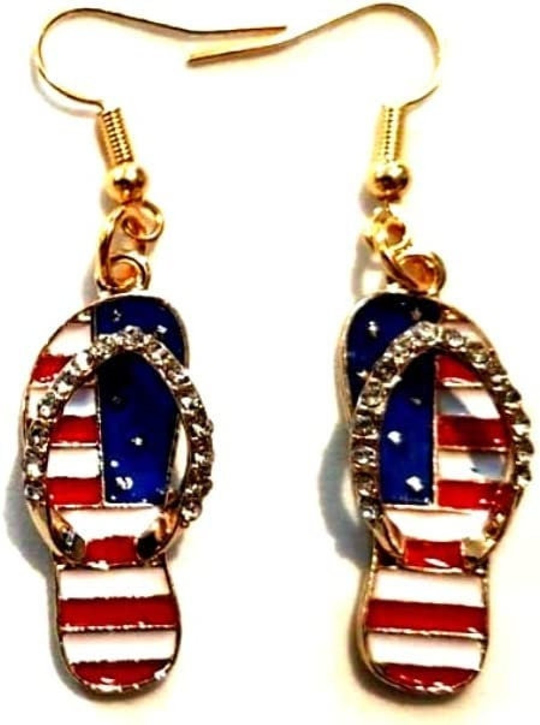 Red White & Blue Gold USA Flag Flip Flop Earrings With Rhinestones