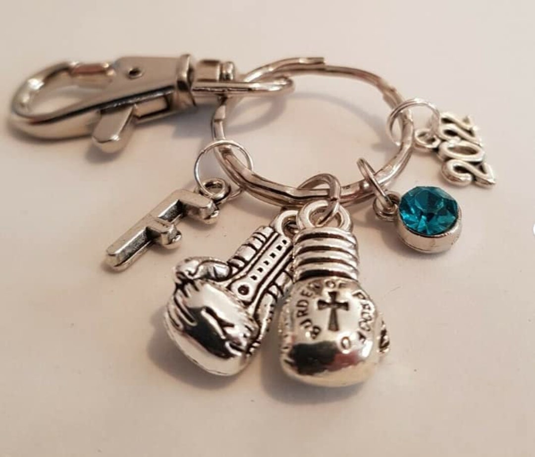 Personalised Boxing Gloves Keychain With Any Initial & Birthstone, Boxer Keyring, Fighter, MMA