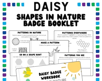 May include: A printable Daisy Badge Workbook for kids to learn about shapes in nature. The workbook has activities like finding patterns in nature, creating patterns, and drawing shapes. The cover features a yellow bird, a daisy, and a sun.