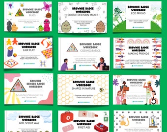 May include: Twelve colorful illustrated guides for Brownie badge workbooks. Each guide features a different badge topic, such as bugs, coding, making friends, and first aid. The guides are designed to help Brownies learn new skills and earn badges.
