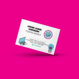 May include: A white card with the text "Junior Badge Workbook Coding Basics" and a cartoon image of a laptop, lightbulb, and a globe with the text "Troopleaderhub".