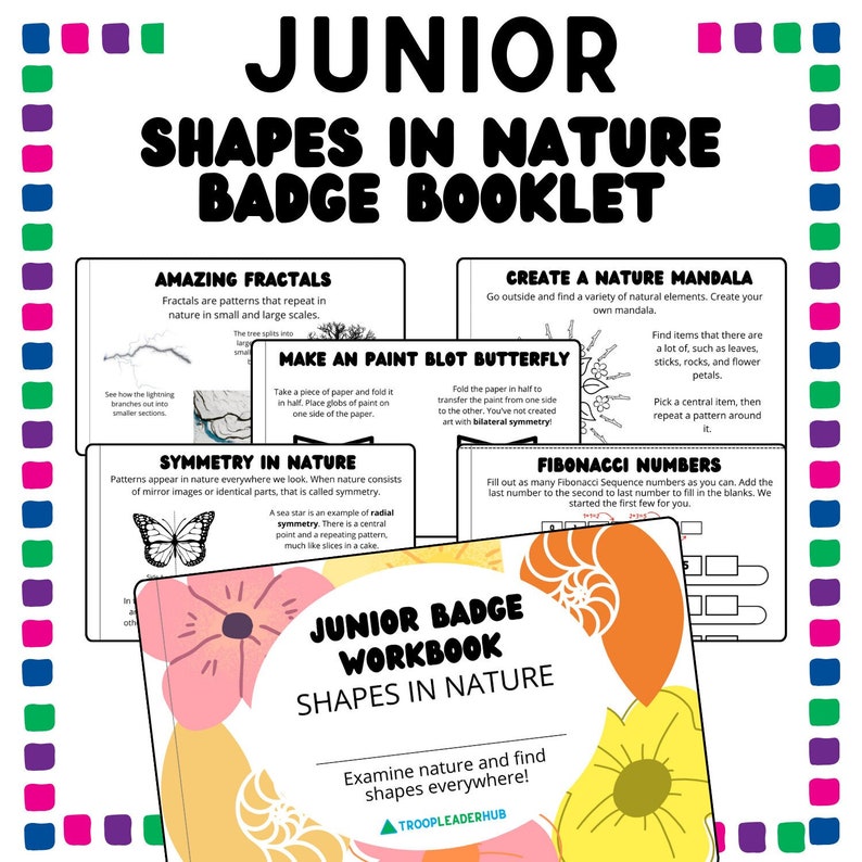 Peut inclure: Un cahier d'exercices color&eacute; intitul&eacute; "Junior Shapes in Nature Badge Booklet" avec diverses invites d'activit&eacute;s. La couverture pr&eacute;sente des motifs floraux et le texte "Junior Badge Workbook Shapes in Nature". Le livret encourage l'exploration des formes dans la nature.