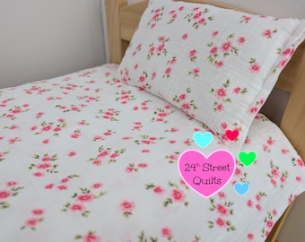 Cotton Gauze Doll Blanket and Pillow | Handmade White & Pink Floral 18 Inch Doll Bedding
