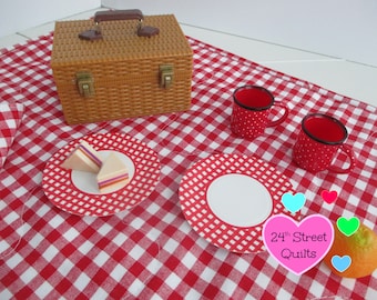 doll picnic blanket & napkins | red gingham doll picnic set | doll quilt | doll accessories | pretend play picnic blanket