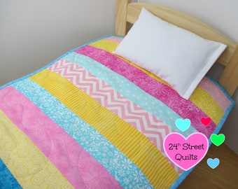 doll quilt & pillow | multicolor striped doll quilt | doll cradle blanket | doll bedding for IKEA bed | doll crib bedding | security blanket