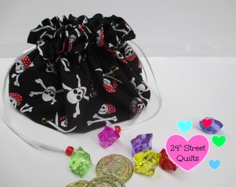 drawstring pouch | fully lined drawstring storage bag | pirate print pouch | Dungeons & Dragons storage | dice bag | jolly roger bag