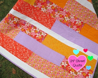 Crib Quilt | Baby Quilt | Baby Quilts | Crib Quilts | Baby Shower Gift | Baby Gifts | Orange Color Block Floral Baby Quilt