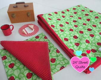 doll picnic blanket & napkins | green ladybug doll picnic set | doll quilt | doll accessories | pretend play picnic blanket