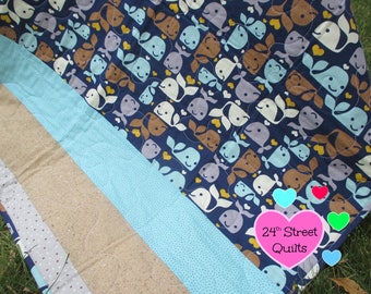 Whale Print Baby Quilt | Handmade Lightweight Cotton Crib Blanket