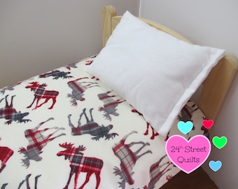 Christmas flannel doll blanket & pillow | doll blanket | moose print doll blanket | 18" doll blanket | doll bedding | doll crib cradle bed