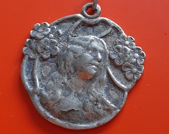 Antique French floral art nouveau silver plated charm of a woman and flowers, female face, art nouveau woman medal pendant, woman statue
