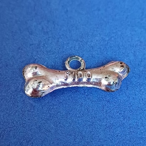 Op de afbeelding: Een zilverkleurige hondenbot-bedel met de naam "FIDO" erop gegraveerd. De bedel heeft een lus aan de bovenkant om aan een ketting of sleutelhanger te bevestigen. De bedel staat op een blauwe achtergrond.