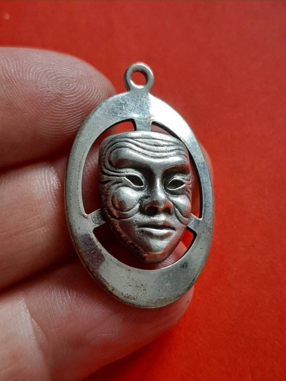 Vintage silver plated openworked mask of mime cha… - image 9