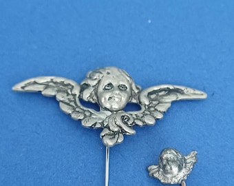 Broches de querubins folheados a prata vintage, broches de anjos folheados a prata, broches antigos de putti, broches de lapela com querubins.