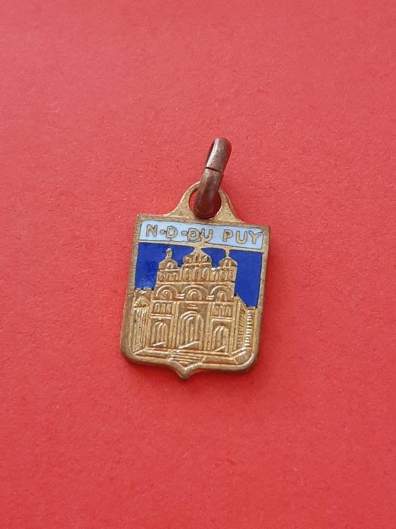 Vintage brass and enamel travel shield charm of Notre Dame Du Puy France, Du Puy travel shield charm, Le Puy Cathedral souvenir