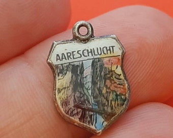 Vintage enamel and 800 silver travel shield of the Aare Gorge, Aareschlucht Switzerland, the Aare Gorge Switzerland