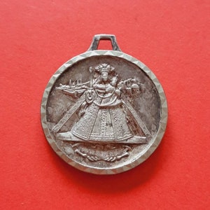Vintage religious Catholic German silver plated medal pendant of Our Lady of Kevelaer, Saint Christopher, St Christopher charm