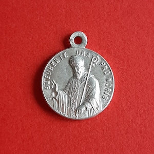 Vintage religious Catholic French aluminum medal pendant of Saint Eubert, Saint Eugenius, Saint Eugène and Saint Rita, Vendeville
