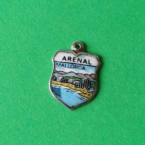 Vintage Spanish silver 800 marked and enamel travel shield charm of el Arenal Mallorca Spain, charm Majorco souvenir, charm Mallorca