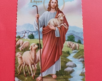 Vintage religious Catholic French floral colorful postcard for Easter, old Easter postcard, Jesus Christ with lambs postcard