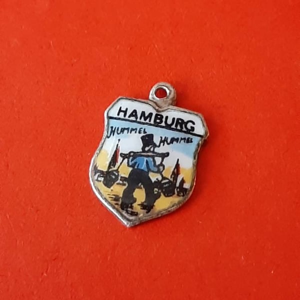 Vintage German silver and enamel travel shield of Hamburg, charm of Hamburg Germany souvenir, travel charm Hamburg, Hans Hummel, Mors