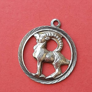 Stary srebrny ażurowy wisiorek z tarczą Koziorożca, zawieszka ze znakiem zodiaku Koziorożca, stary urok astrologiczny, urok konstelacji