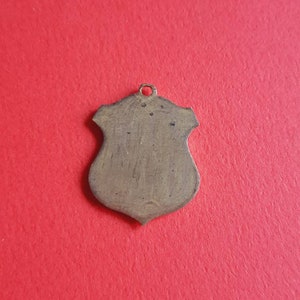 May include: A blank, gold-toned, shield-shaped pendant with a loop at the top.