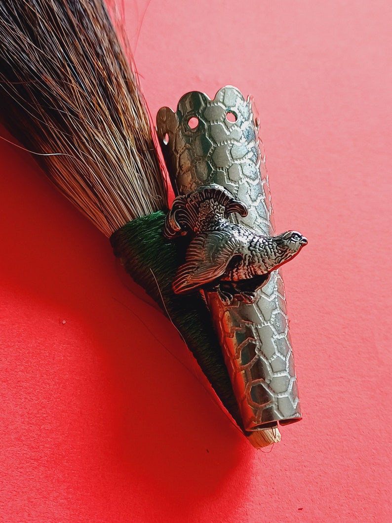 Vintage German tiny silver plated with wood grouse wildboar hair brooch